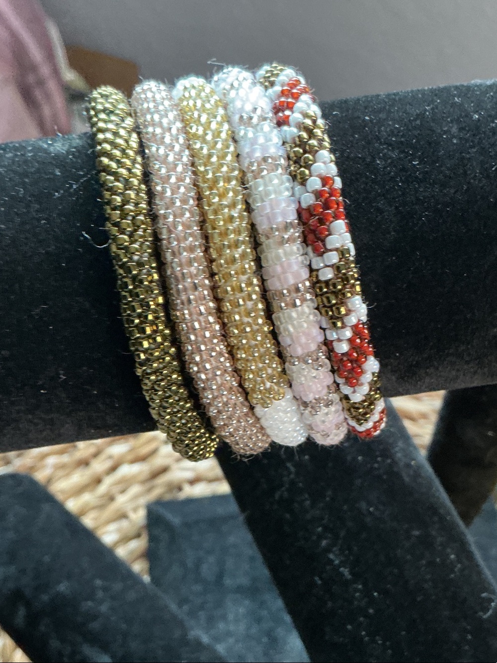Sasha Beaded Stackable Bracelet Set - Gold, Pink, White, Red # 6